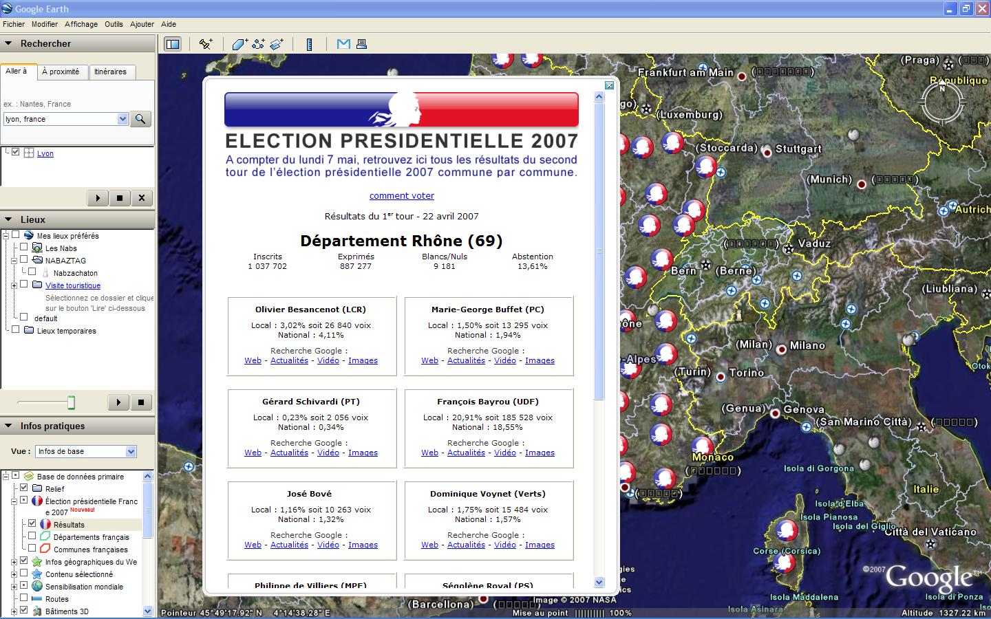 Vue du module Prsidentielle 2007 dans Google Earth